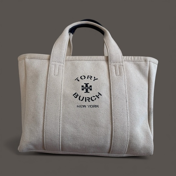 Tory Burch Cream Canvas Mini Mercer Tote with Navy Logo - Picture 3 of 10